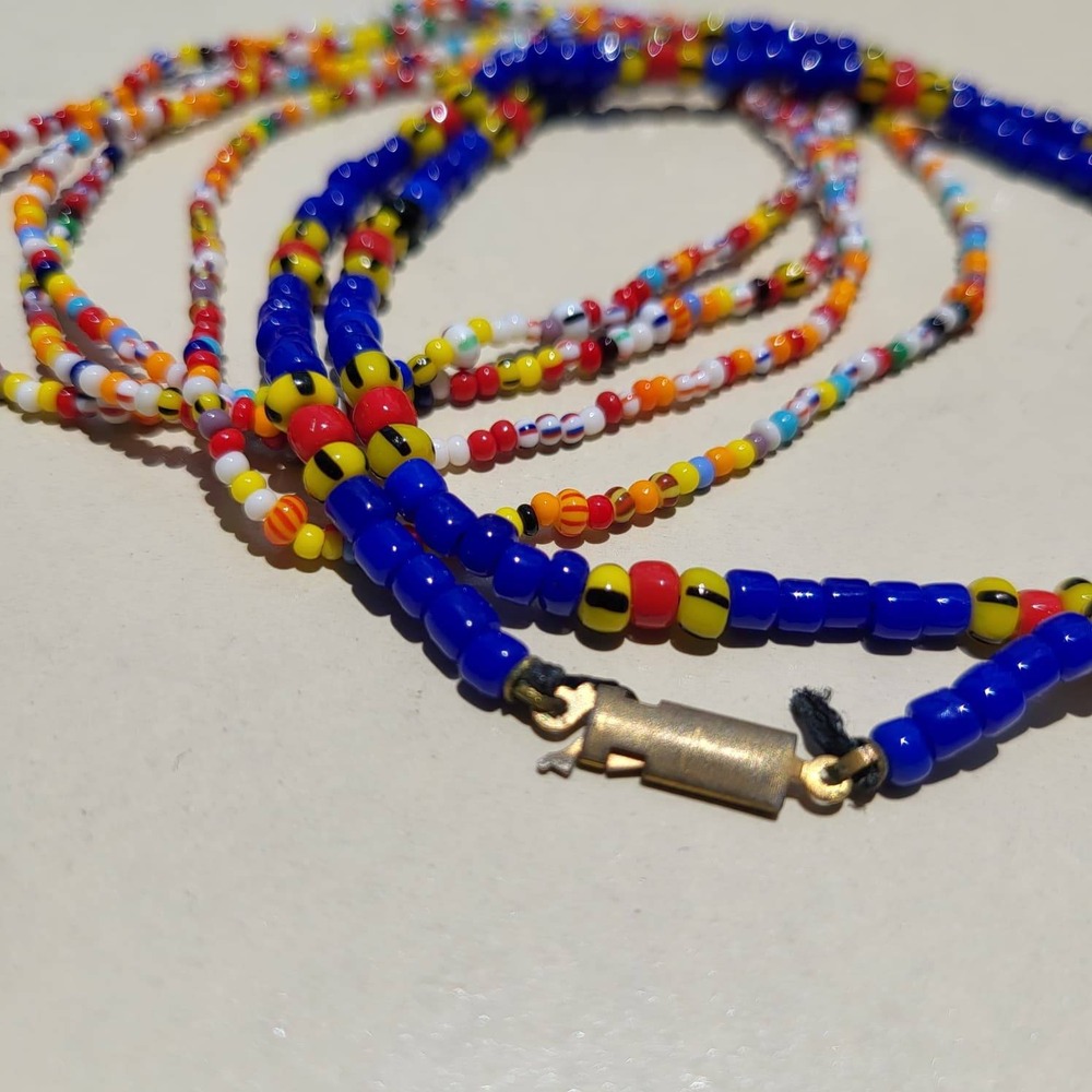 2 Vintage Glass Seed Bead Strand Blue Red Yellow Boho Layered Necklaces - Picture 2 of 3
